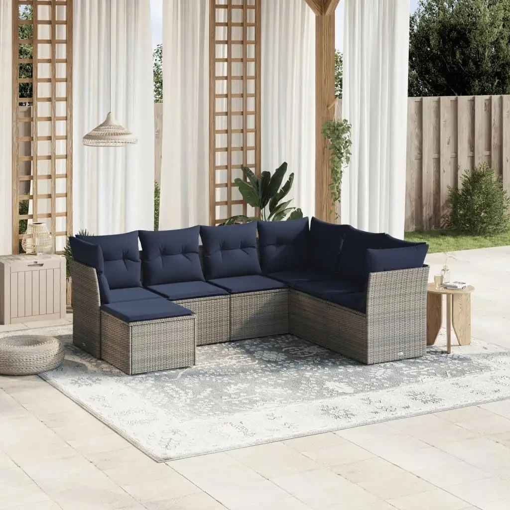 

Comfortable 7 Piece Gray Poly Rattan Patio Sofa Set with Cushions for Outdoor Living Room Garden Furniture