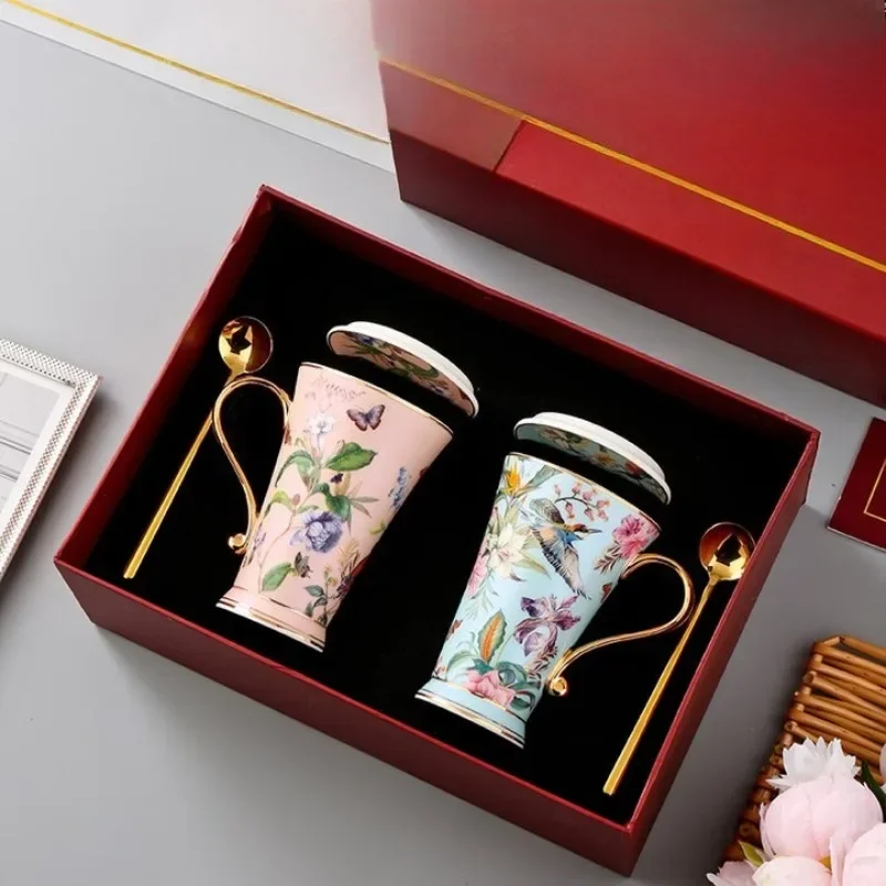 Large capacity water cup couple mug with lid spoon ceramic coffee cup afternoon tea teacup wedding birthday gift