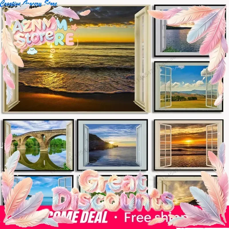 3D Window View River Forest Beach Sunset Landscape Canvas Painting Posters Prints Wall Art Pictures Living Room Home Decorati