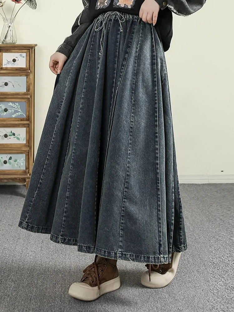

TIYIHAILEY Long Maxi Women Elastic Waist Skirts Spring Autumn Denim Lady Lace Up Skirt Patchwork Pleated Black Blue 2025 New