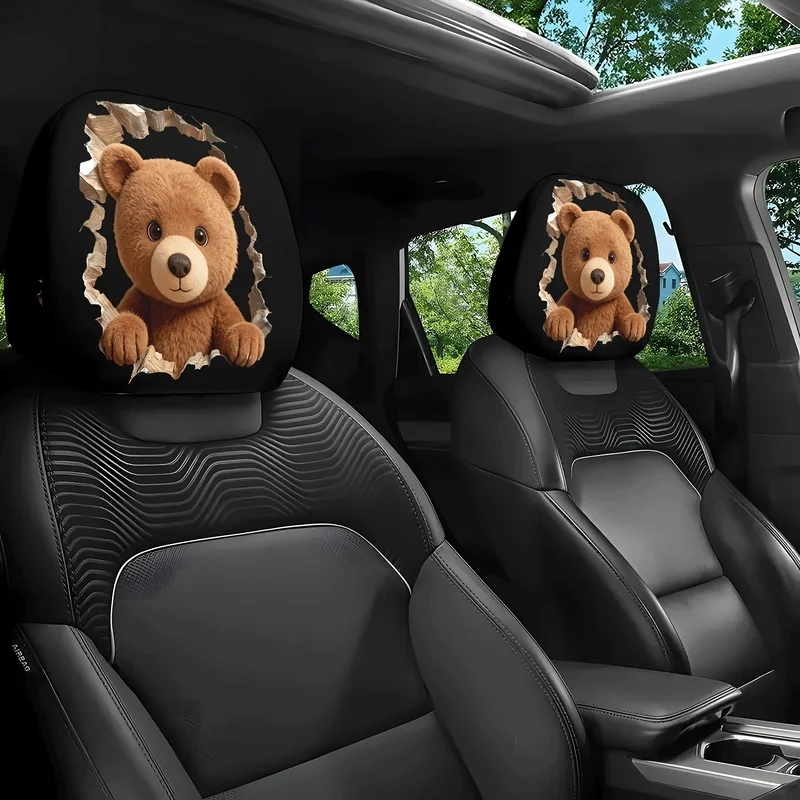 1/2 Pcs Car Headrest Covers, Funny 3D Teddy Bear Breaking Through Design, For Car Interior Decoration
