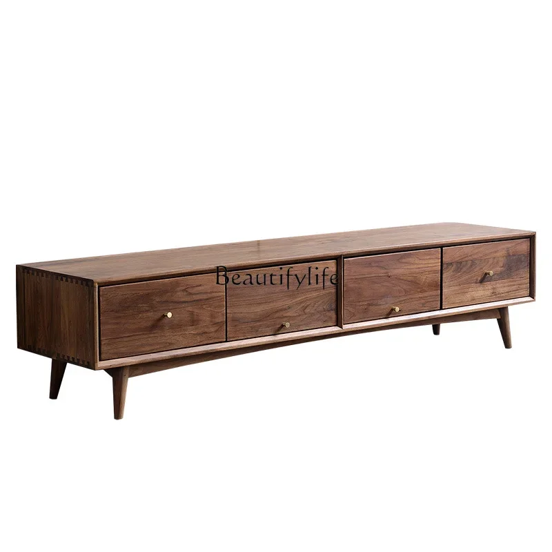 

FG44Nordic Full Real Wooden TV Cabinet Simple Italian Light Luxury Japanese Black Walnut Wooden TV Cabinet