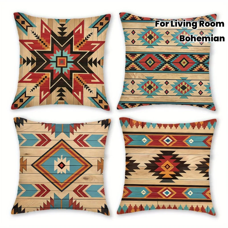 VIKAMA Bohemian Contrast-Colour Geometric Cushion Cover Western Ethnic Totem Print Decorative Cushion Cover