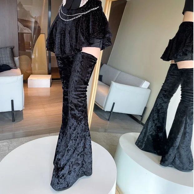 Black Velvet Bell-Bottoms Square Toe Over-The-Knee Women Boots Chunky High Heels Slip On Design Large Size Special Design Shoes