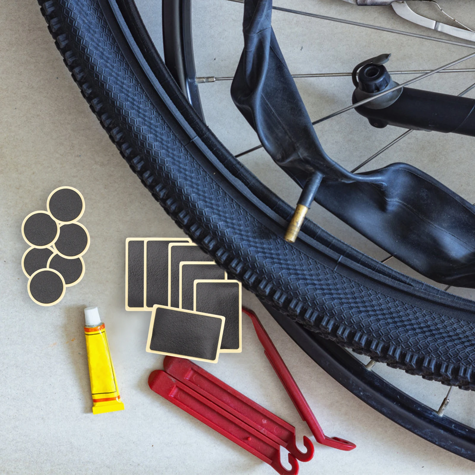 

1Set Bike Tire Repair Kit Premium Glueless Patch Rectangular Round Patches Metal Rasp for Road Bicycles Tire Repair Tool