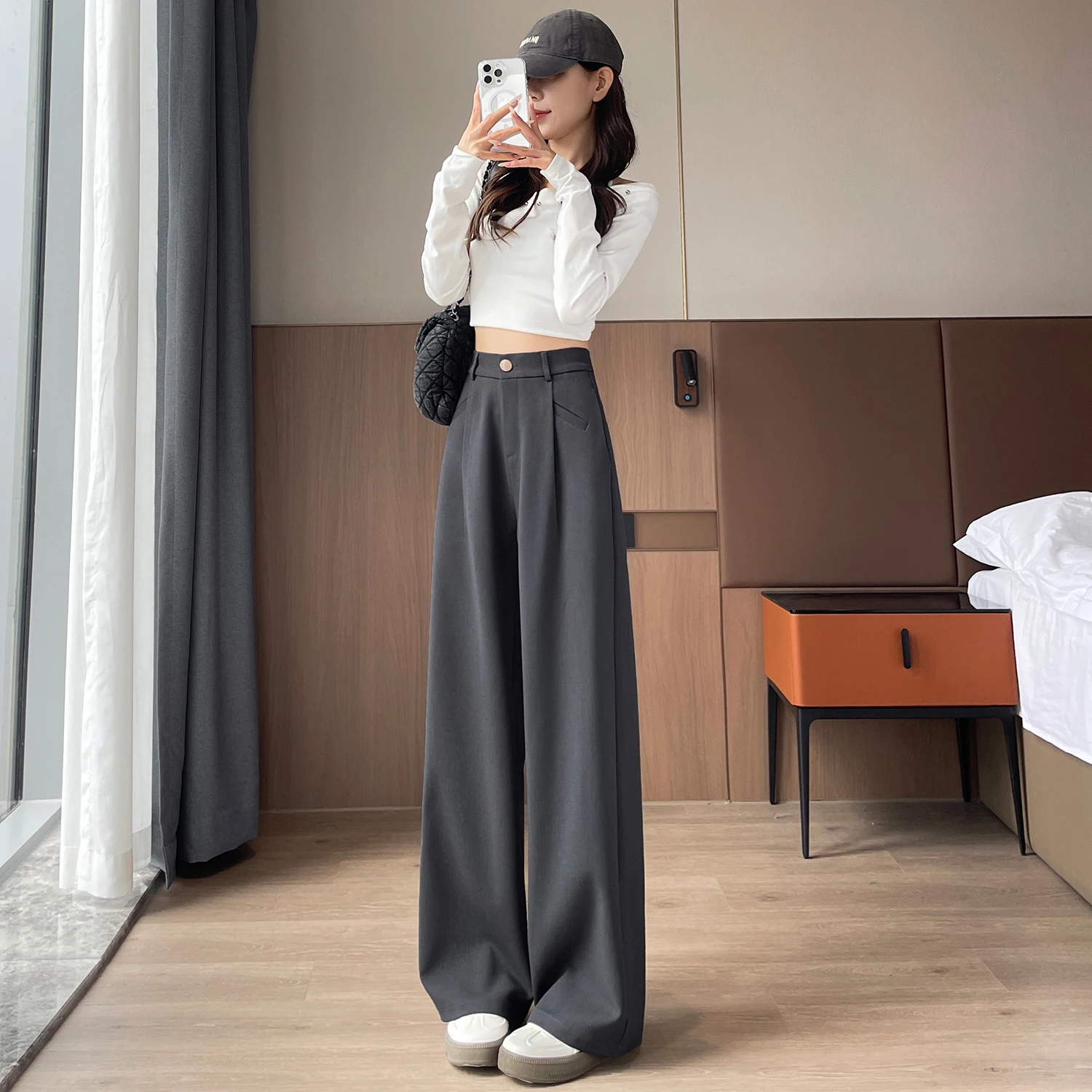 Seoulish Autumn Elegant Women\'s Wide Leg Pants 2024 New Korean Solid Button Casual Loose Office Full Length Trousers Female