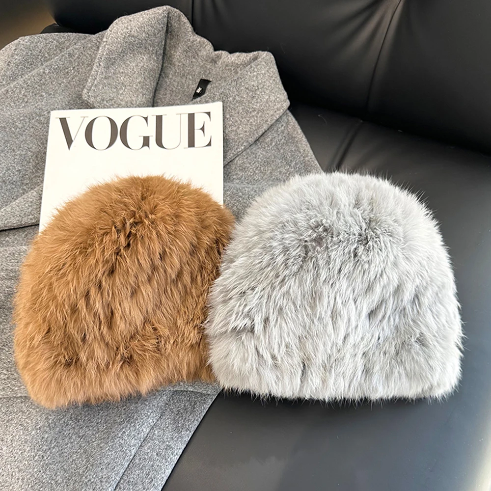 Women Winter Warm Real Rabbit Fur Hat Snow Cap Winter Hats for Women Girls Real Fur Knit Skullies Beanies Natural Fluffy Hat