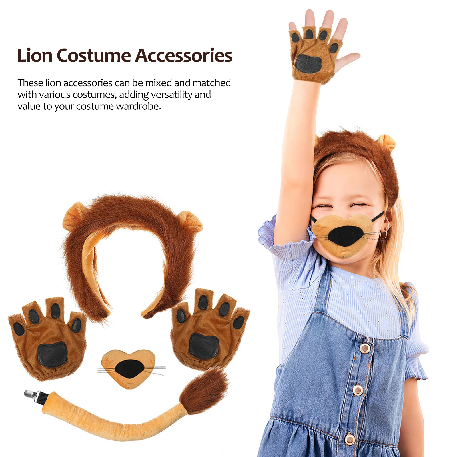 1 ensemble d'accessoires de Costume de Lion, bandeau de Lion, gants de patte de nez, parfaits pour les fêtes de Cosplay d'halloween, déguisement de fête d'animaux