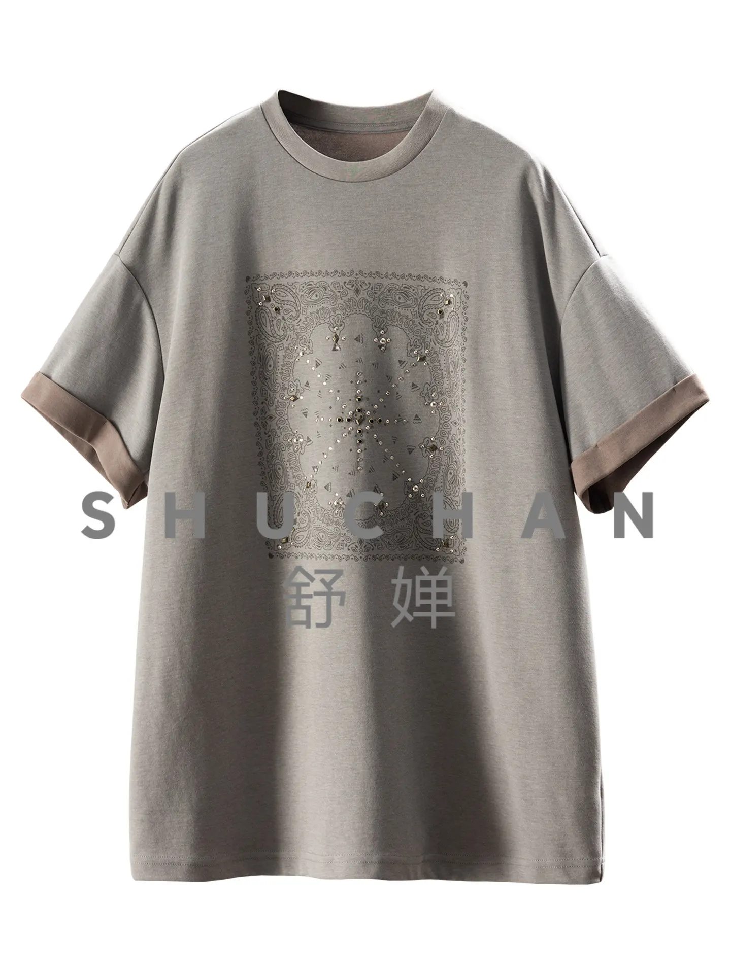 

Повседневная женская хлопковая футболка с коротким рукавом, свободного кроя, с принтом «горячие бриллианты» и цветами кешью, 06M9