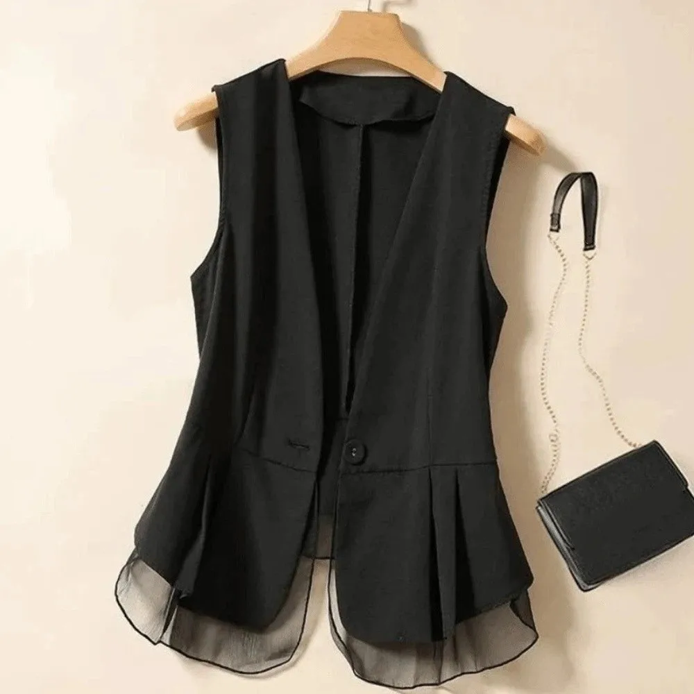 Modische V-Ausschnitt Damen Weste Top Mesh Rüschen Sommer Kurze Anzugweste Schlanke Passform Dünne Ärmellose Weste Damen/Mädchen – Detail 10