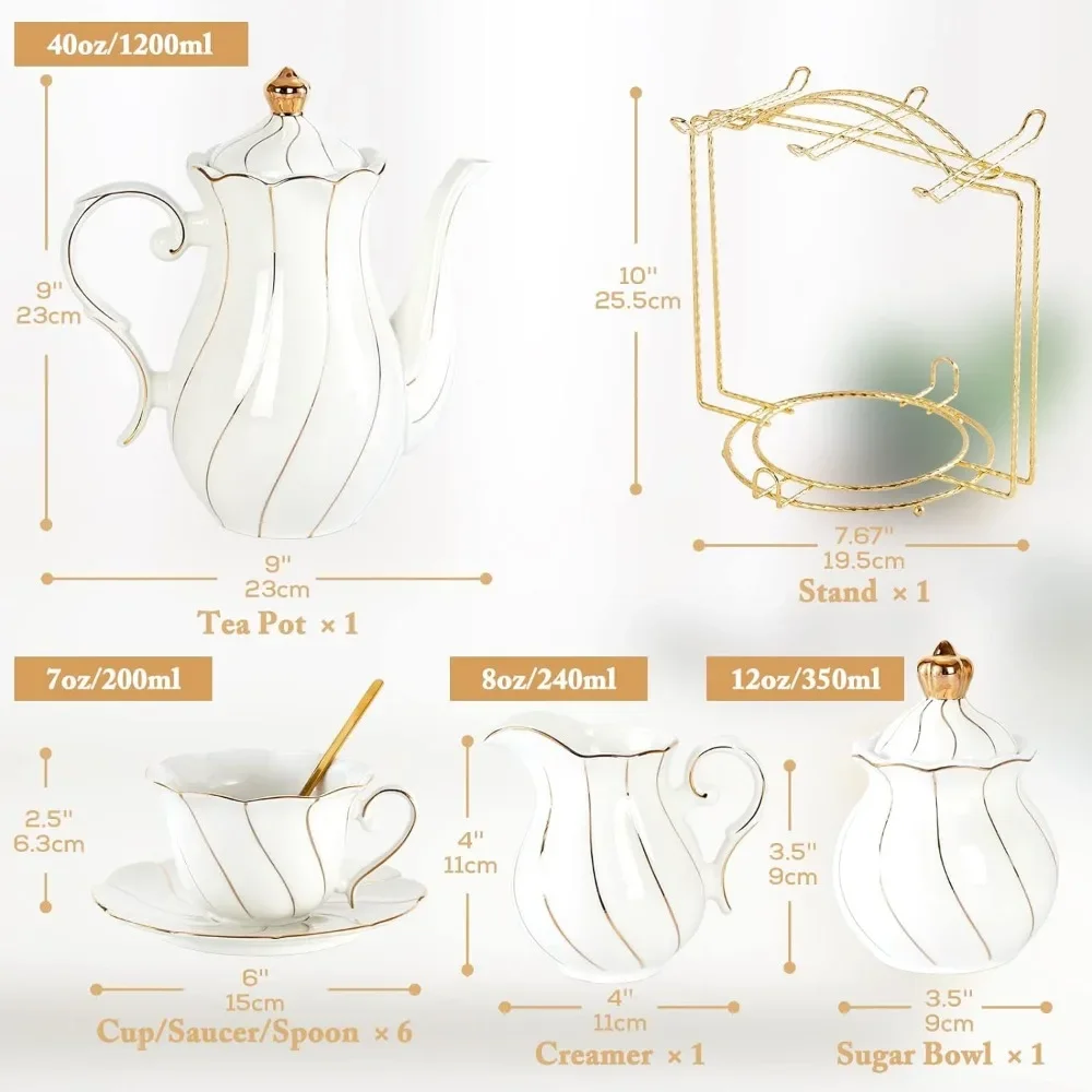 22 peças 6 peças conjunto de chá de porcelana branca com ouro luxo inglês chá festa conjunto (com suporte) utensílios de café ferramentas barra