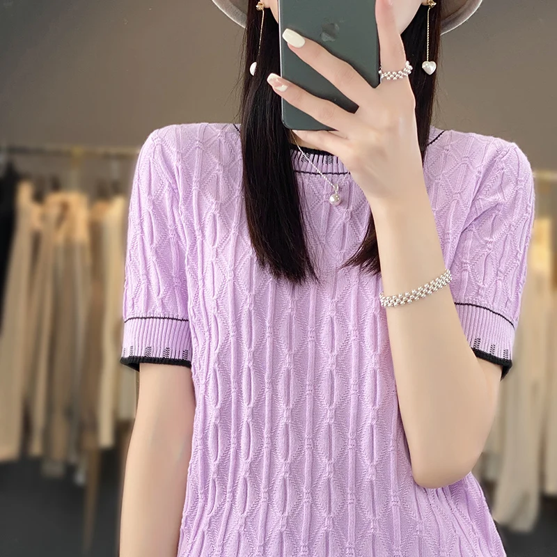 100% Cotton Knitted T-shirt Women\'s Casual Fashion Pullover Short Sleeve 2023 Summer New Round Neck Panel Korean Loose Top T-shi