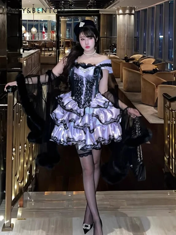 

Romantic Princess Atmosphere Premium Skinny Lace Dress Sweetheart Girl One Shoulder Lace Print Multi-layer Dress Evening Dresses