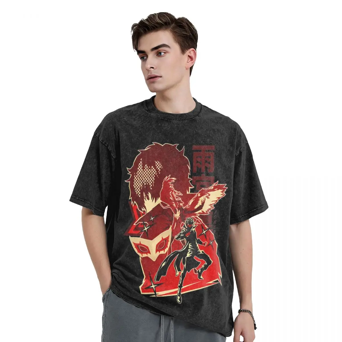 Washed T Shirts Persona 5 The Phantom Thieves Of Hearts Leader T-Shirt Harajuku Tees Streetwear Graphic Tops for Men Women Tops