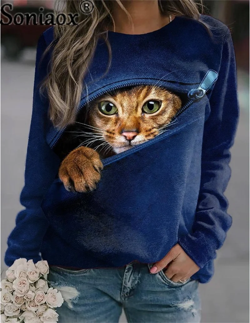 Autumn Thin Hoodie Women 3D Printing Cute Cat Fashion Tops 2022 New Harajuku Animal Sweatshirt Long Sleeve Pullover Clothing