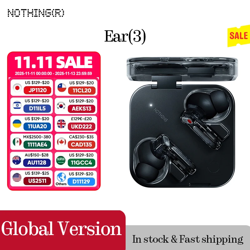 Nothing Ear (3) Kabellose Ohrhörer Super Mic 45 dB Hybrid-Bluetooth-Kopfhörer mit aktiver Geräuschunterdrückung, hochauflösende 6 Mikrofone, 12 mm dynamisch