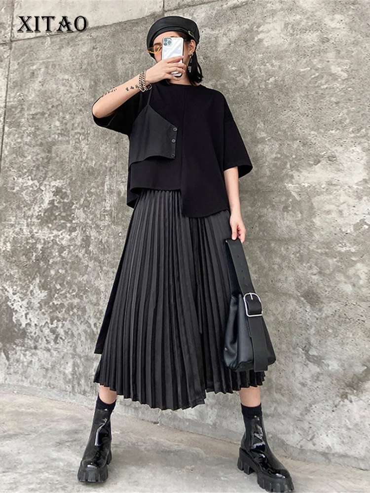 

XITAO Black Two Piece Set Women Hlaf Sleeve Pullovet Top Elastic Wasit Pleated Mid Calf Skirt 2023 Irregular Style WLD9510