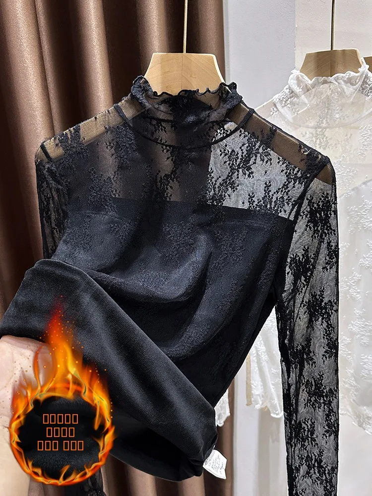 

Женский свитер Thiened Fce с высоким воротником и кружевной отделкой, осенне-зимний, для ношения под одеждой, с цветочным узором