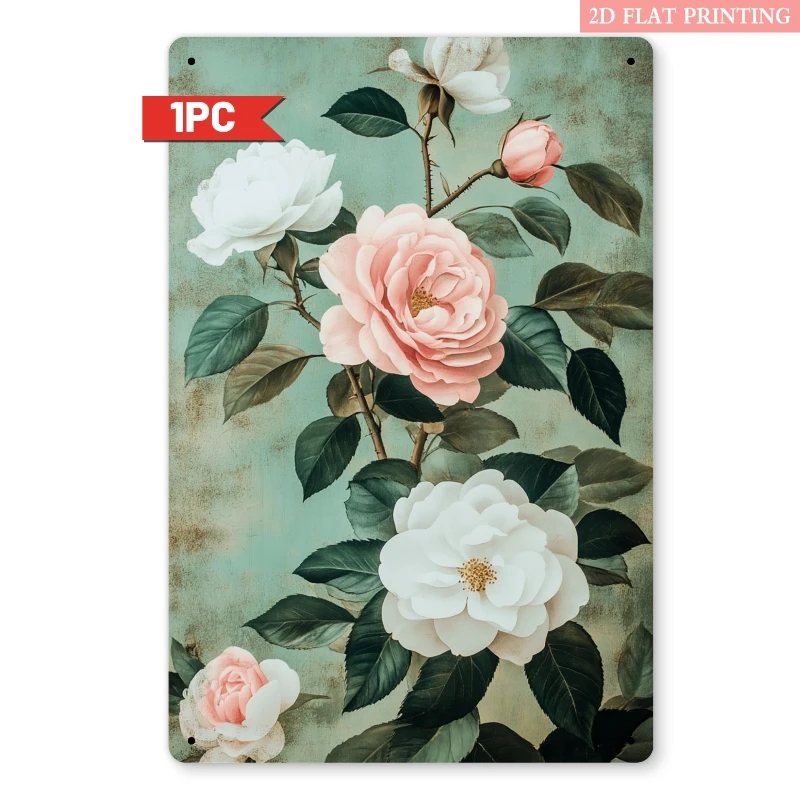 Vintage Rose Botanical Metal Tin Sign 20x30cm Rustic Floral Wall Decor Iron Plaque for Indoor Outdoor