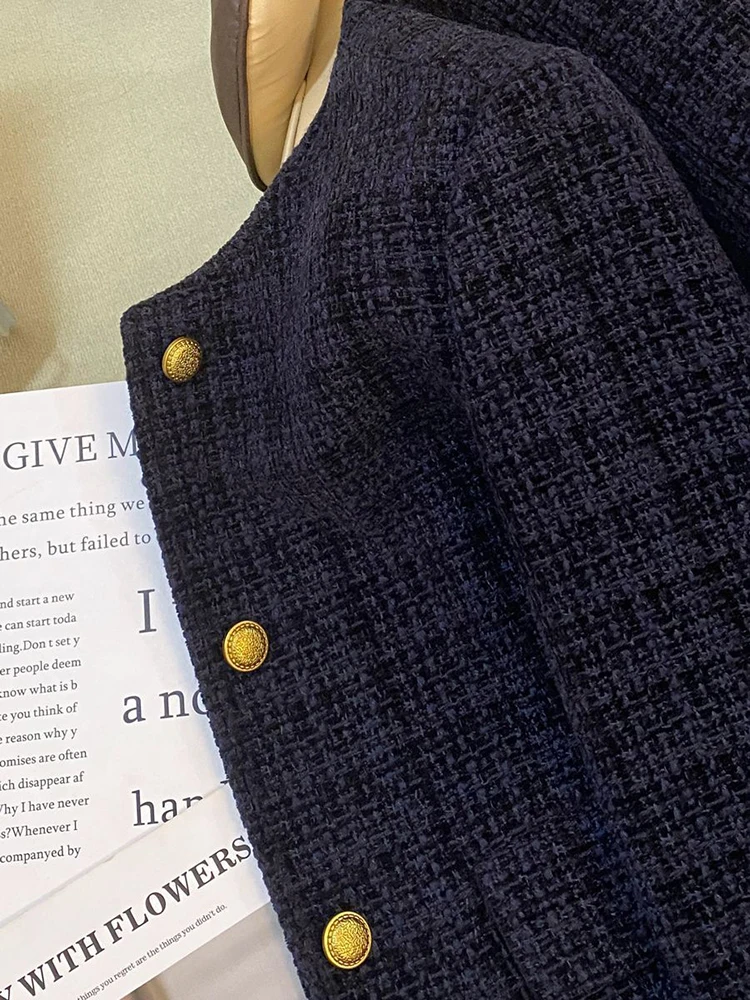 سترات نسائية أنيقة عتيقة بأكمام طويلة ورقبة دائرية وأزرار للمكتب سترة بدلة متينة لخريف وشتاء معاطف دافئة جمالية غير رسمية