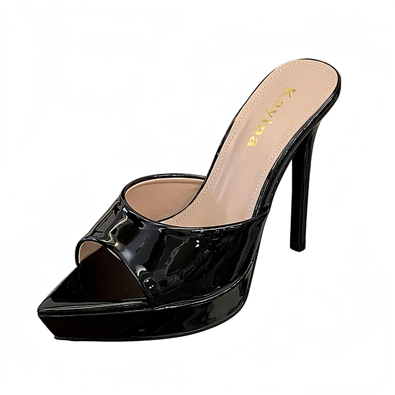 

13cm Stiletto Heels Slippers Platform Sandals Woman Black Patent Leather Summer Shoes Sexy Pointed Toe High Heels Slippers 2026
