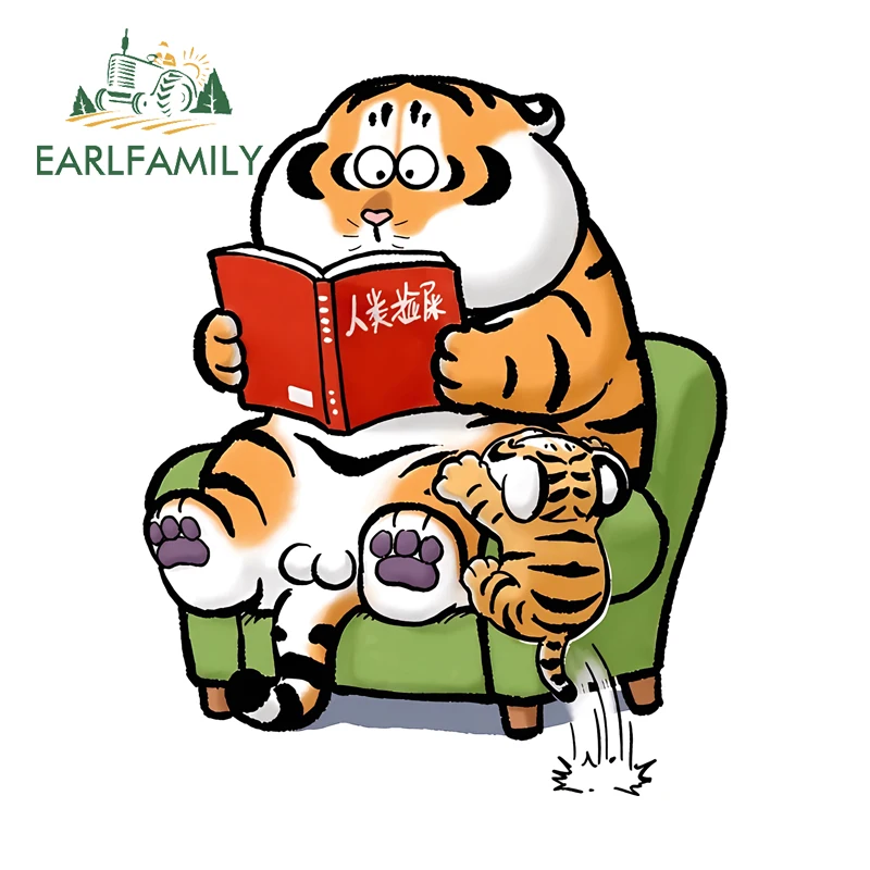 EARLFAMILY Gouda Takeshi Amusing Car Sticker Chubby Tiger Reading Book Decal Waterproof Vinyl Graphic Helmet Bumper Truck Guitar