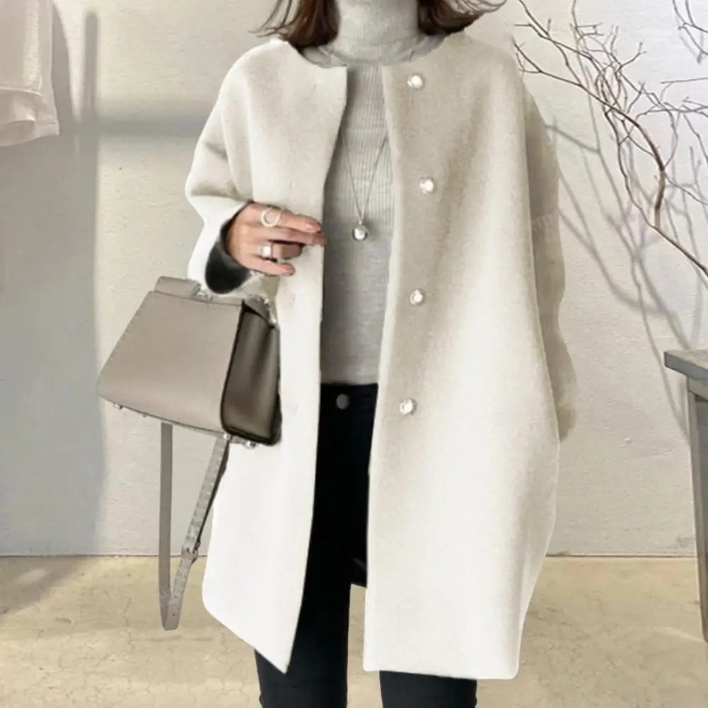 Women Wool Jacket Pure Color Button-down O Neck Long Sleeves Woolen Coat Mid Length Loose Lady Outerwear For Fall Winter