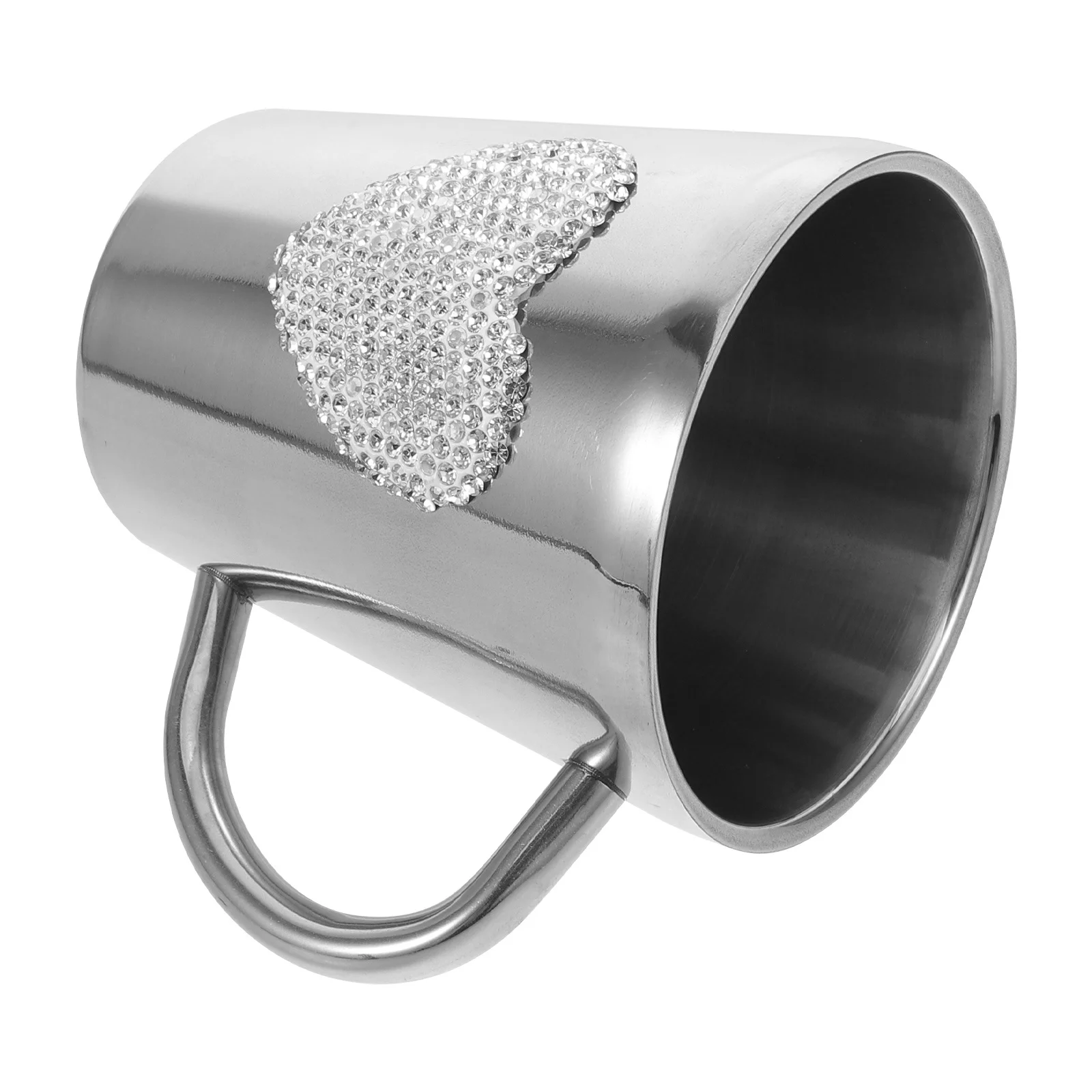 كوب قهوة من الفولاذ المقاوم للصدأ على شكل قلب من حجر الراين، كوب صغير للتخييم، كوب سفر قابل لإعادة الاستخدام، كوب شاي لاتيه معدني، قلب فضي لامع #5