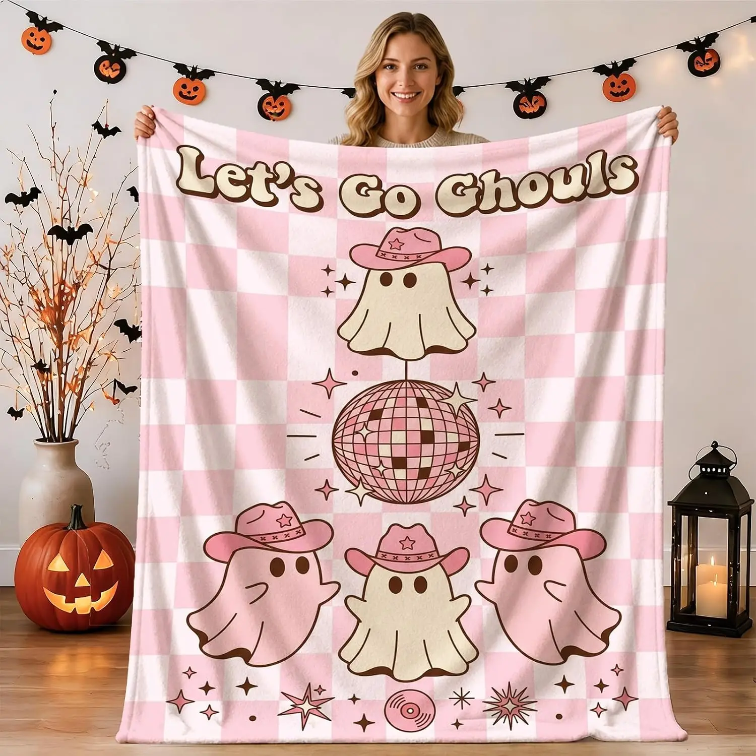 Retro Ghost Cowboy Disco Theme Ghosts Halloween Throw Blanket 50x60 Inch