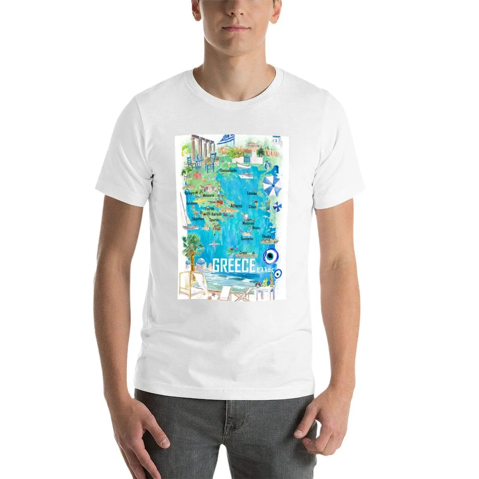 خريطة السفر اليونانية المصورة في بحر إيجه البحر الأبيض المتوسط مع الطرق والسلط الضوء السياحي تي شيرت #3