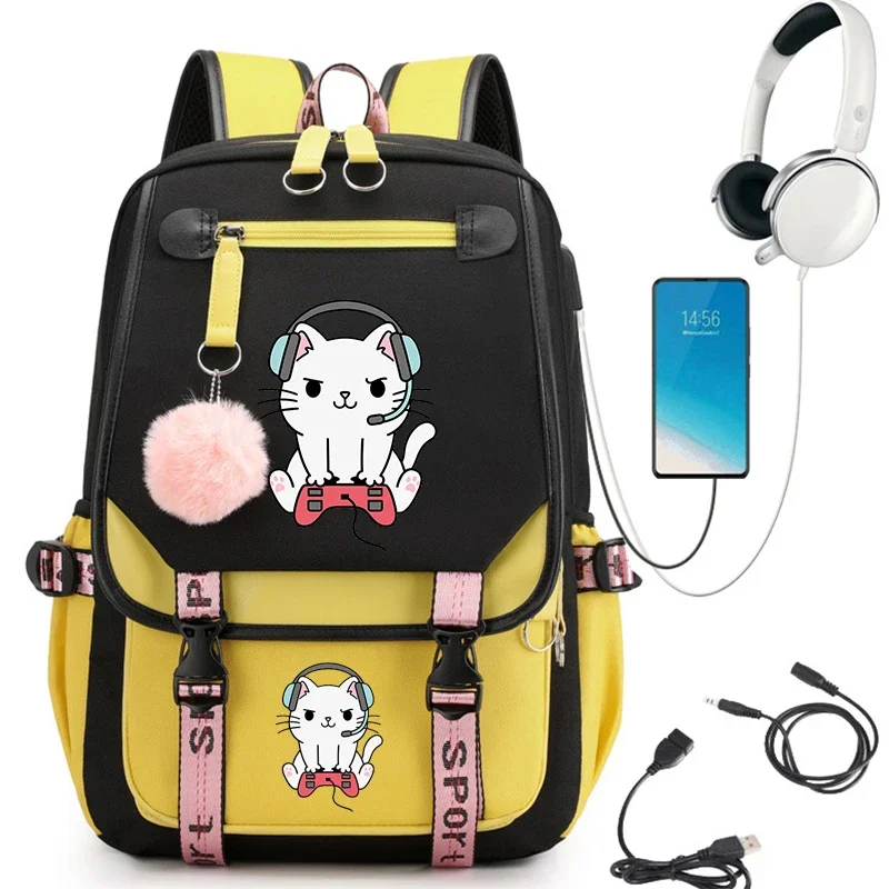 Jogos de amor gato Anime Schoolbag para meninas, Mochila grande do estudante do ensino médio, Bagpack USB dos desenhos animados