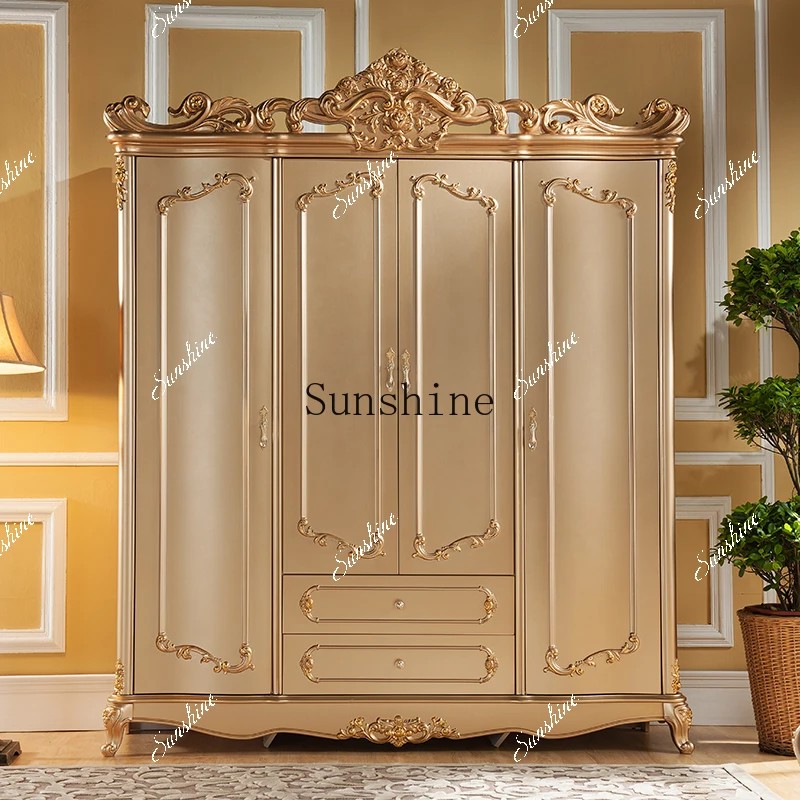 European solid wood adult four-door wardrobe carved locker bedroom storage FT