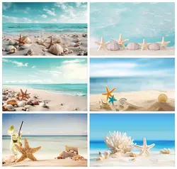 Laeacco Seaside Beach Backdrop Starfish Conch Mussel Shells Shell Pure White Sandbeach  Summer Holiday Photography Background