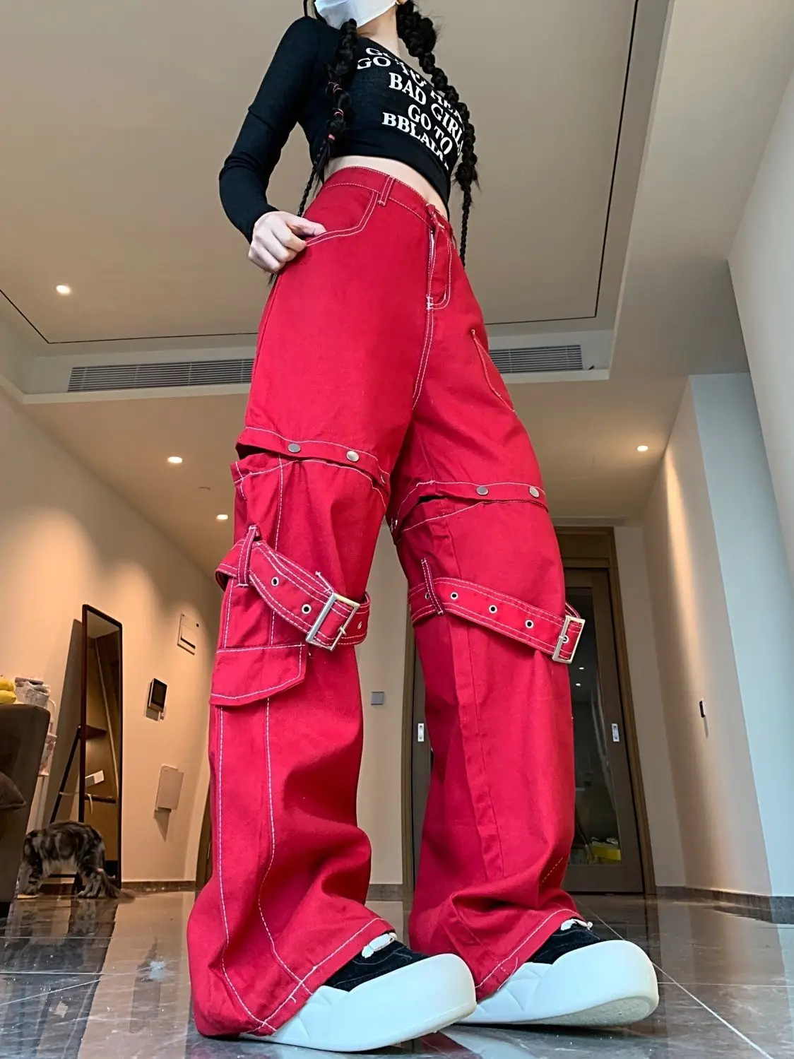 ผู้หญิงสูงเอวVINTAGE Red Cargoกางเกงยีนส์หญิงอเมริกันRetroฤดูร้อนStreetwearขากว้างDENIMกางเกงHip Hopกางเกงตรง