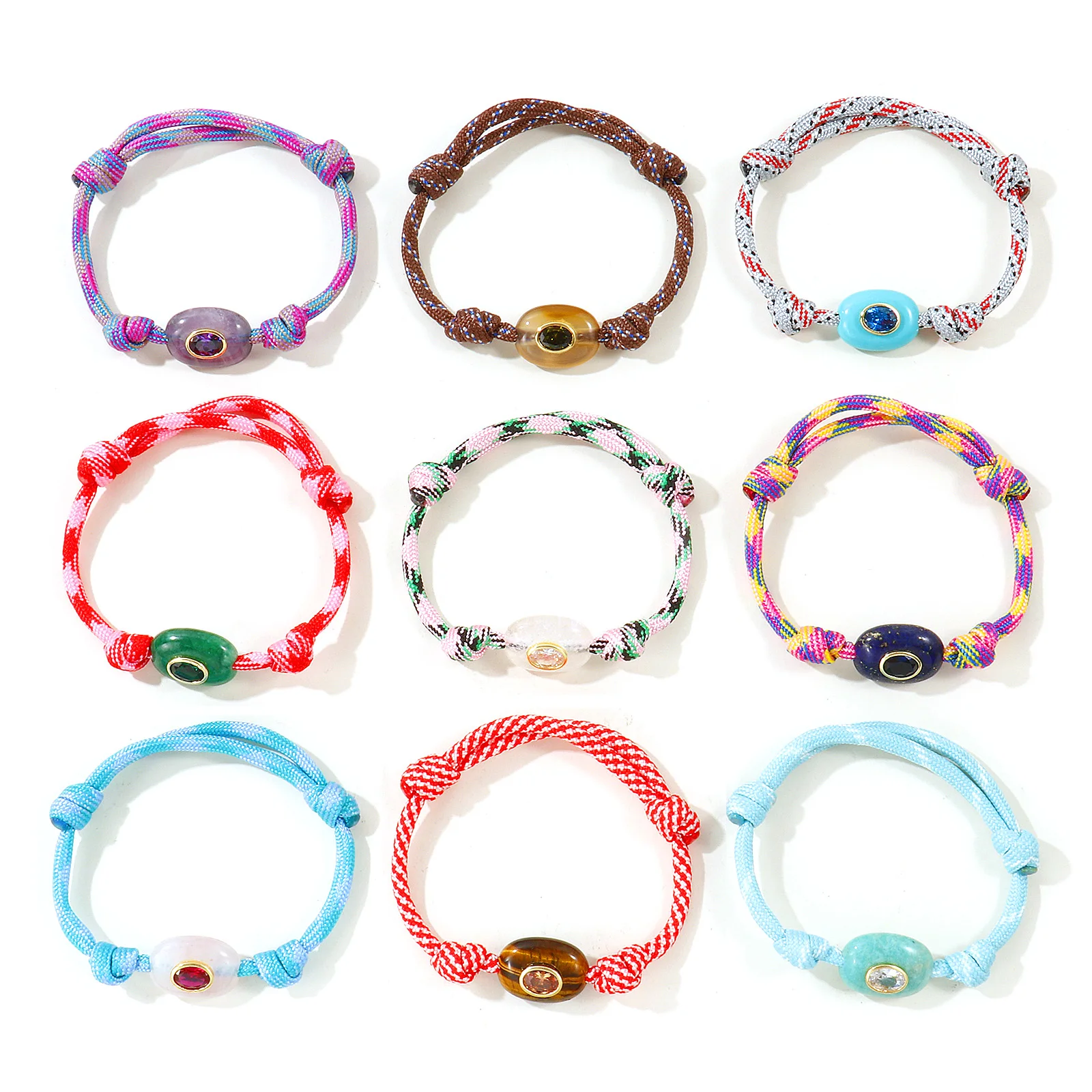 Handmade Braided Rope Bracelet for Women Polyester Cord Oval Natural Stone Bead Gold Plated Zircon Brass Charm Woven Bracelet