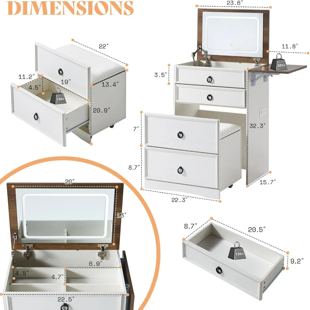 3-in-1 Makeup Vanity with Sliding Stool, Fold-up Panel, Divided Storage & Power Port, Makeup Table with Adjustable LED Light