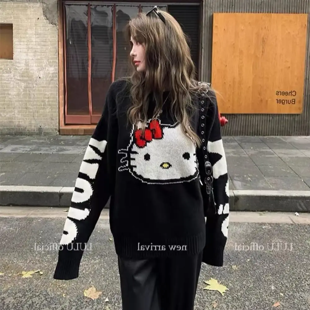 Sanrios Girl Crew Neck Sweater Anime Cartoon Hello Kitty Autumn Winter Embroidered Long Sleeves Loose Stylish Versatile Tops