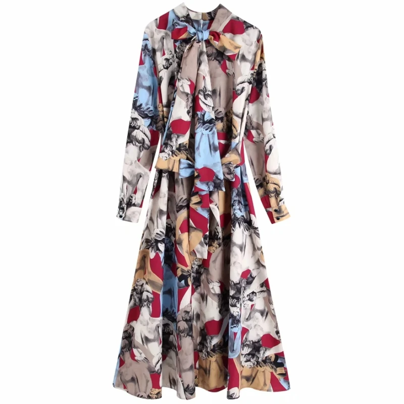 New Women vintage contrast color ink painting print casual sashes long Dress ladies stand collar bow tied vestido Dresses DS3047