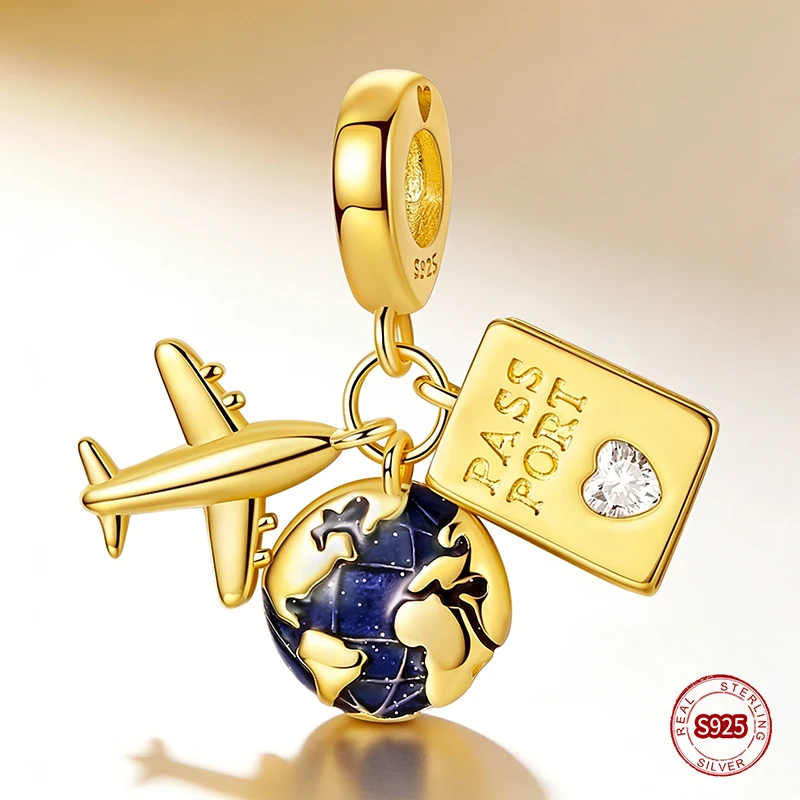 

Ahthen 925 Sterling Silver Beads Golden Earth Airplane Passport Dangle Charm fit Bracelets or Necklaces Women Jewelry Making