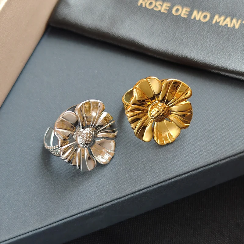 ANENJERY 316L Stainless Steel Sunflower Open Ring for Women Men Temperament Personality Bohemia Jewelry Party Gifts Wholesale