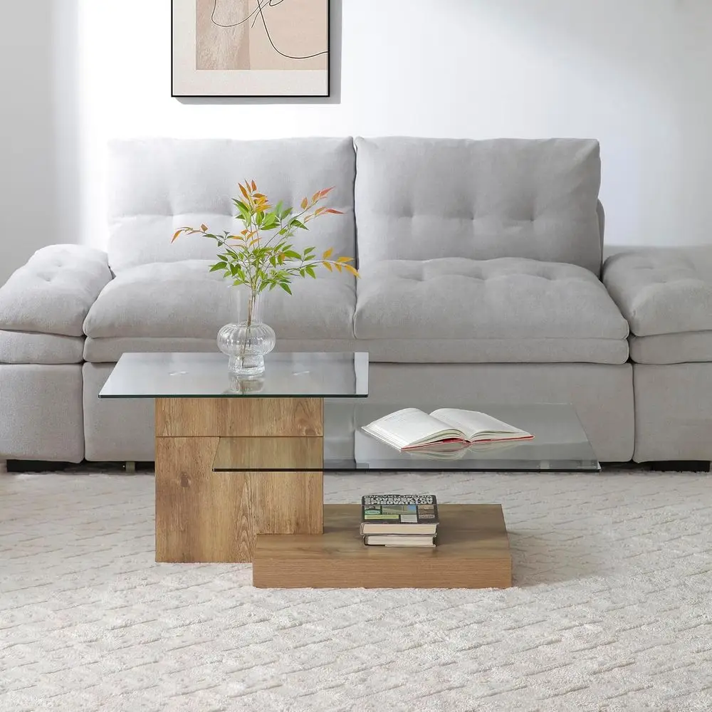 

Mid-Century Modern Round Glass Coffee Table with Wooden Base for Living Room, Office, and Balcony