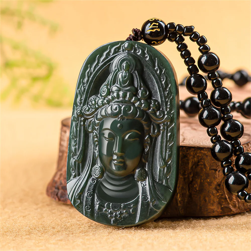 Charm Natural Black HeTian Jade Carved Unique GuanYin Head Lucky Pendant Amulet Necklace Certificate Party Luxury Jade Jewelry