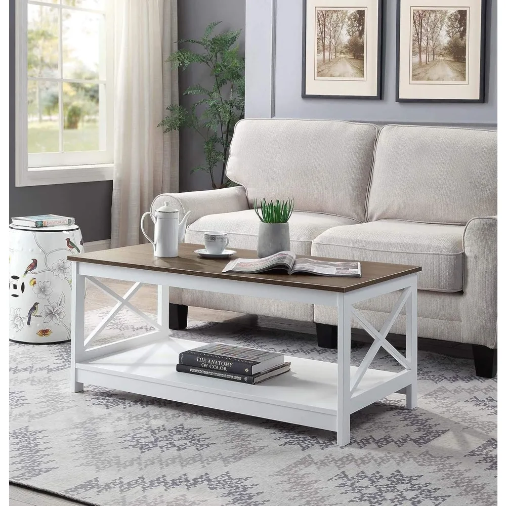 Coffee Table with Shelf, Driftwood/White,2 Tiers of Spacious Shelving,21.75