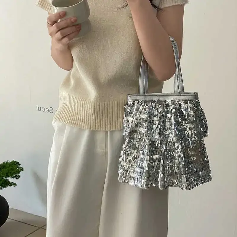 

Light Luxury Layered Design Sequins Handbag Large Capacity Tote Bag Women's Commuter Sparkling Shoulder Handheld Underarm Bag