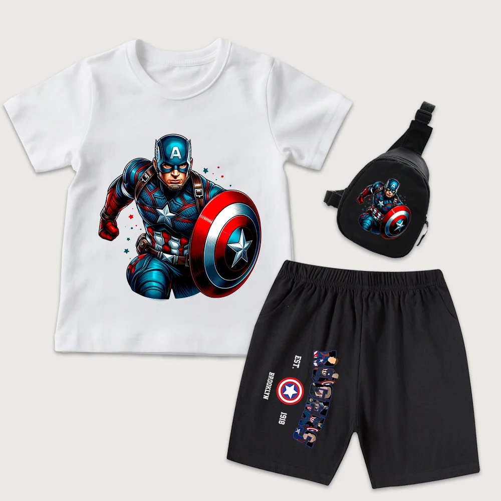 

Детская хлопковая футболка с принтом Captain America Charge для мальчиков и девочек, шорты, мини-сумка на грудь, комплект из 3 предметов, повседневная летняя одежда