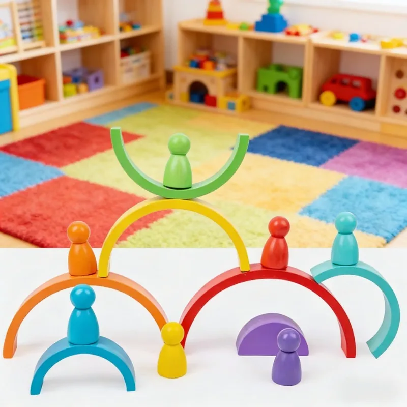 Klocki dla dzieci, zabawki edukacyjne, puzzle, klocki do układania, drewniane klocki dla dzieci, klocki do składania, rozpoznawanie kolorów, most tęczowy
