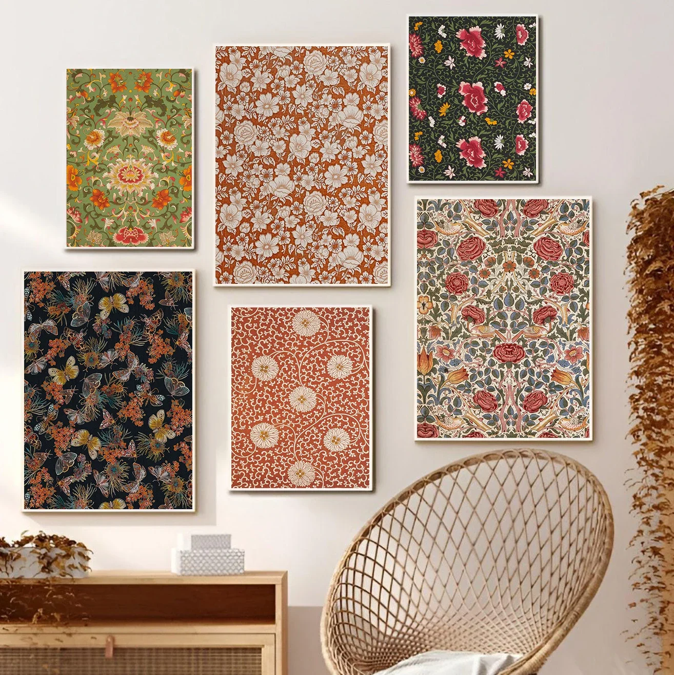 Retro William Morris Style Plant Floral Pattern Textile Art Neutral Poster Canvas Paintings Wall Art Pictures Home Decor