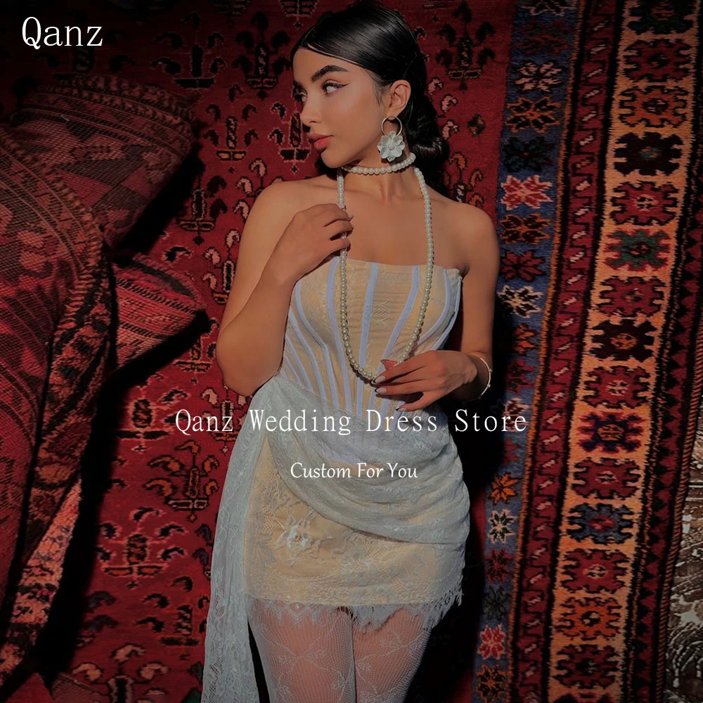 

Qanz Light blue Lace Appliques Prom Dress Strapless Mini Sexy Birthday Party Gowns Short Vestidos De Gala De Noche Customized