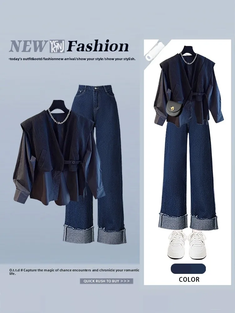 

Hebe Sle Роскошный топ Bla irt и джинсы с высокой талией, комплект из двух предметов, осень-зима, повседневный женский комплект с прямыми штанинами и манжетами...