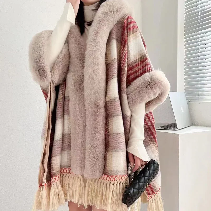 

Women Big Fur Collar Outstreet Wear Winter Thicken Velvet Poncho Cape Striped Cardigan Long Cloak Loose Tassel Coat With Hat